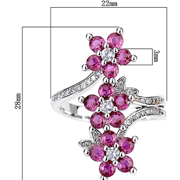 Blue Zircon Three Flower Silver Adjustable Ring - Picture 3 of 5